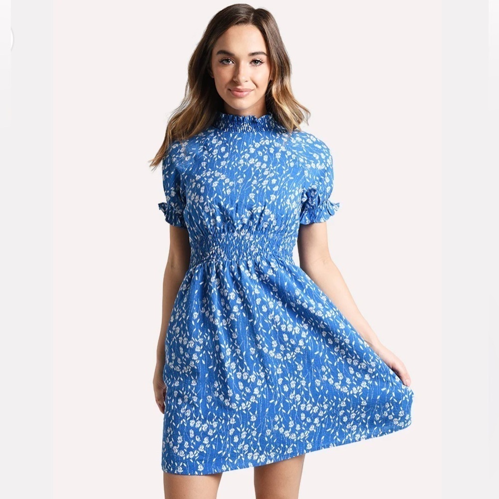 Hayden Blue Floral Smocked Neck Mini Dress Short Sleeve